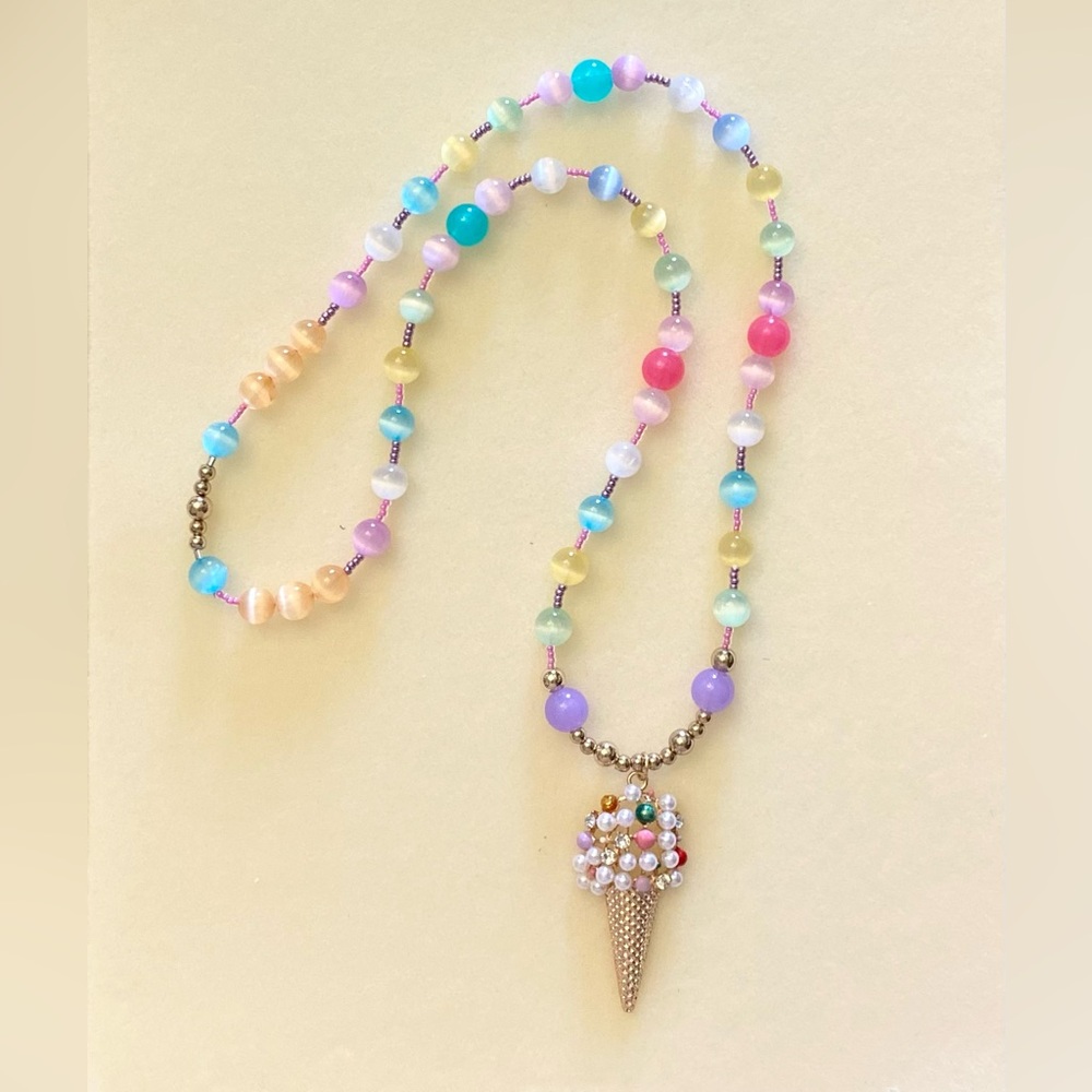 Over the Head Selenite Jasper Ice Cream Cone Pendant Necklace